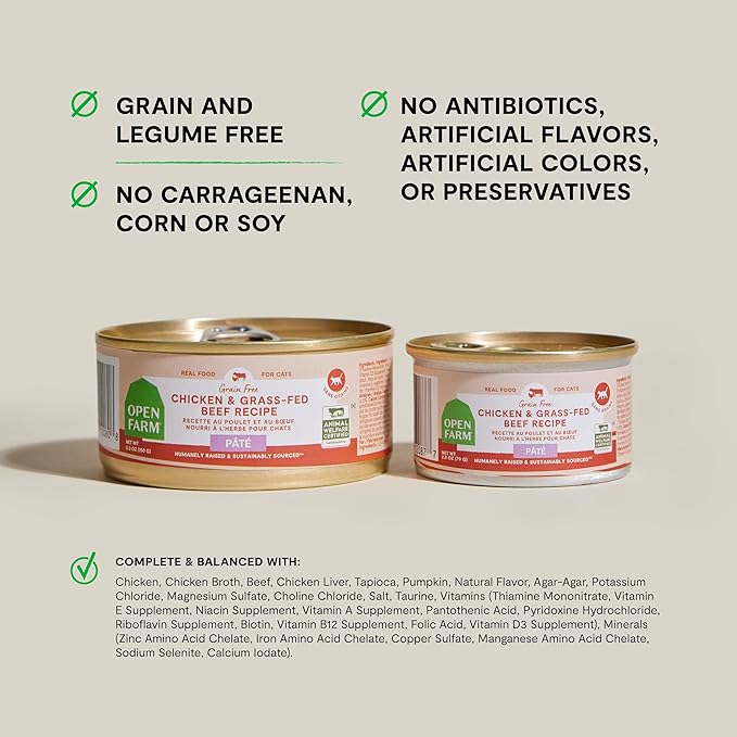 Open Farm Canned Cat Food, Pate for Complete & Balanced Nutrition, Grain Free and Legume-Free Wet Cat Food, Chicken & Beef Recipe, 2.8oz Cans (Case of 18)