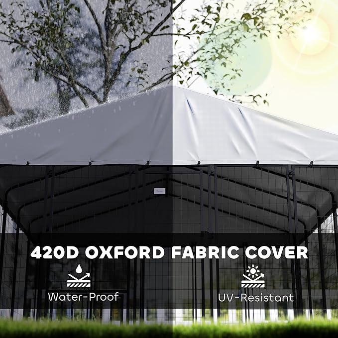 PawHut 10' x 10' x 6.8' Outdoor Dog Kennel, Welded Wire Dog Kennel Outside Run with 360° Rotating & 4 Level Adjustable Bowls, Waterproof & UV Resistant Cover, for S&M&L Breeds, Chickens, Ducks, Silver
