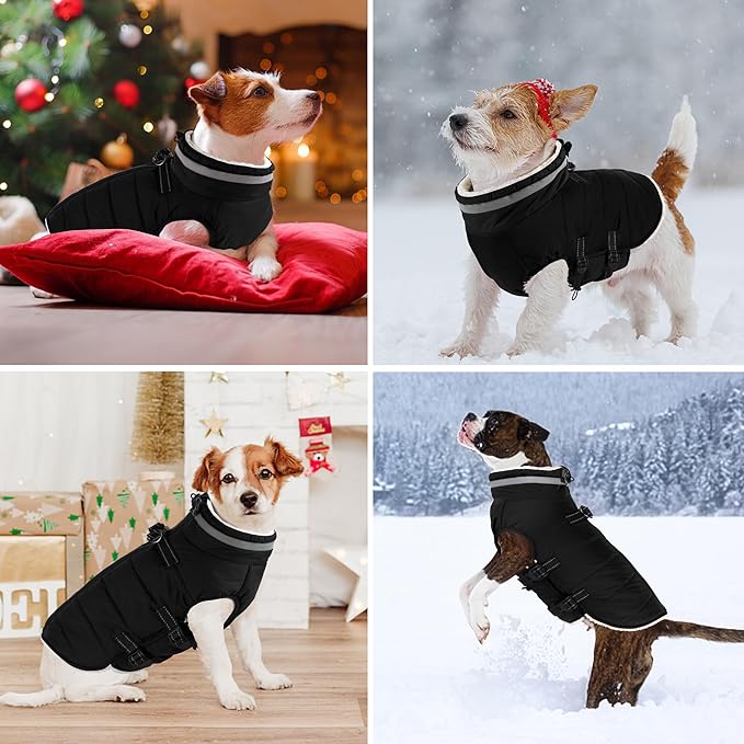 Dogcheer Dog Coat, Waterproof Dog Jacket with Harness, Reflective Adjustable Winter Coat with Zipper, Christmas Pet Snow Jacket Clothes for Small Medium Large Dogs - Black 3XL