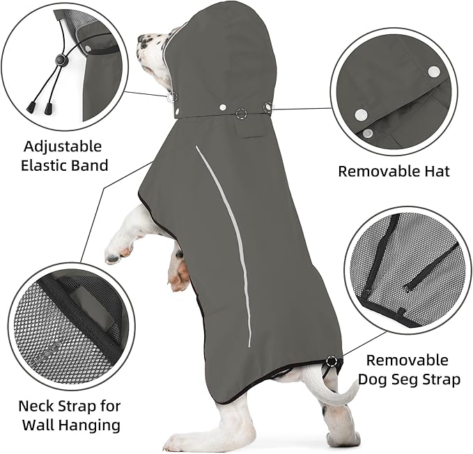 Mile High Life Dog Raincoat, Adjustable Waterproof Pet Rain Jacket, Reflective Hooded Poncho for Small Medium Large Dogs, Lightweight Breathable Pet Rain Coat (Dark Gray,M Chest 22"-28")
