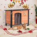 Outdoor Dog House, Small Wooden Dog House with Anti Bite Iron Frame Weatherproof Finish Outside Paw Print Dog Crate for Small and Medium Dogs,Orange