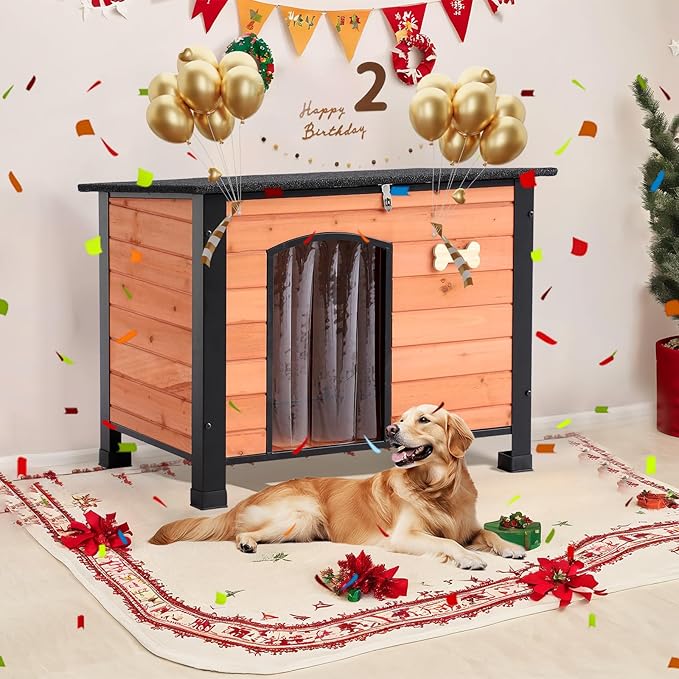 Outdoor Dog House, Small Wooden Dog House with Anti Bite Iron Frame Weatherproof Finish Outside Paw Print Dog Crate for Small and Medium Dogs,Orange