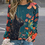 Long Sleeve Shirts for Women Cat Oil Painting Shirt 3D Graphic Sweatshirts Fall Pullover Crewneck Vintage Boho Tops