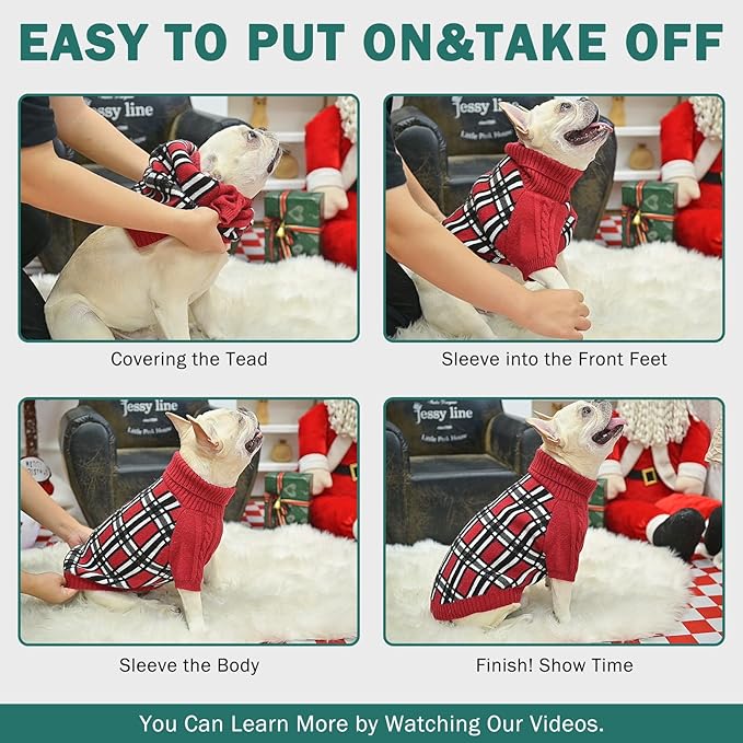 SCENEREAL Turtleneck Dog Sweater for Small Medium Large Dogs Girls Boys, Christmas Plaid Pullover Puppy Sweatershirt, Dogs Cold Weather Outfit Clothes, Ideal Gift for Pet in New Year, Green Plaid XS
