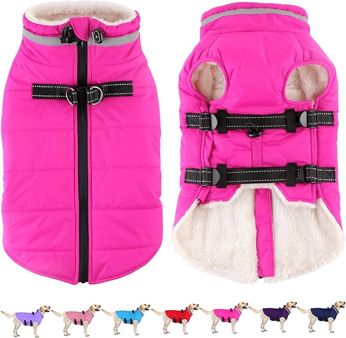 Dogcheer Dog Coat, Waterproof Dog Jacket with Harness, Reflective Adjustable Puppy Winter Coat with Zipper, Christmas Snow Jacket Clothes for Small Medium Large Dogs - Pink 2XL