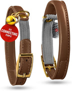 WAUDOG Ultra Soft Rolled Leather Cat Collar with Removable Bell, Safety Elastic Strap and QR ID Tag - Soft Padded for Small, Medium, and Large Cats - Round Kitten Collar for Male and Female Cats