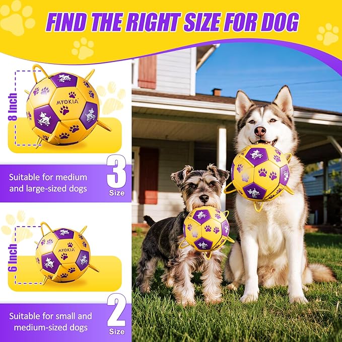 Size 2 Dog Soccer Ball with Straps Durable Training Ball for Pets Interactive Outdoor Dog Toy,Yellow & Purple, Paw and Puppy Design, for Small & Medium Puppie