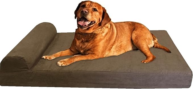 Dogbed4less Premium HeadRest Orthopedic Cooling Memory Foam Dog Bed for Extra Large Dogs with Waterproof Lining and Washable Suede Brown Cover, Jumbo 55X47X4