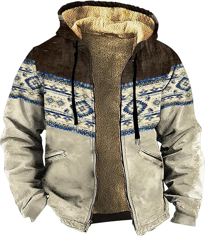 Men's Western Aztec Jackets Hooded Cowboy Hoodie Warm Full Zip Ethnic Vintage Long Sleeve Coat Fall Winter Tops