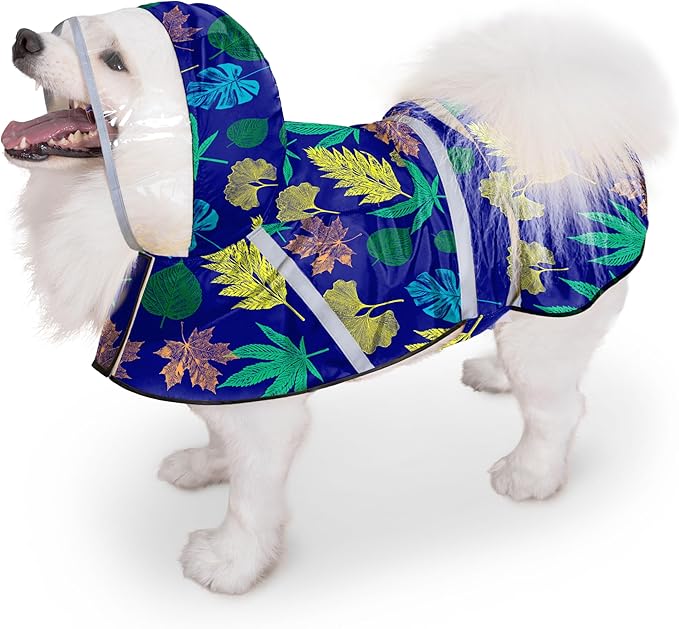 Dog Raincoat, Adjustable Rain Jacket with Hooded Double Layer for Large Medium Small Dogs Puppies, Lightweight Waterproof Rain Coat Poncho with Reflective Stripe Leaf Blue,XXL