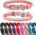 BRONZEDOG Rolled Leather Dog Collar for Small Medium Large Dogs with QR ID Tag (XS: 9-11 Inch, Powder Pink)