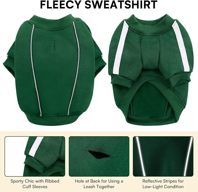 Queenmore XXXL Christmas Dog Sweater, Cozy Fleece Dog Sweatshirt, Warm Winter Fleece Jacket for Small, Medium & Large Dogs with Leash Hole/Reflective Stripes Green
