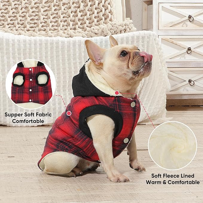 Fleece Lining Dog Hoodie for Large Dogs Extra Warm Plaid Sweater with Drawstring Hooded Coats in Winter Doggie Jacket,Red XXL