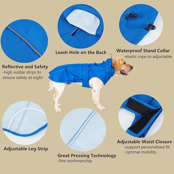 Adjustable Waterproof Dog Raincoat for Dogs,Lightweight Pet Rain Jacket Puppy Clothes with Reflective Strip for Small Medium Large Dogs (Blue, XX-Large)