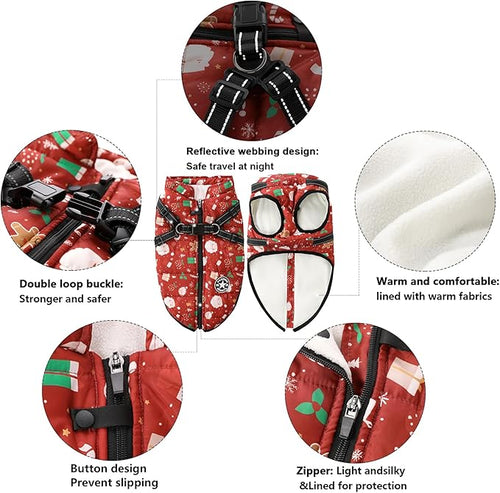 Aiboria Dog Jacket Windproof Fleece Dog Sweater with Padded Vest Chest Strap Harness Dogs Coat Christmas Red S