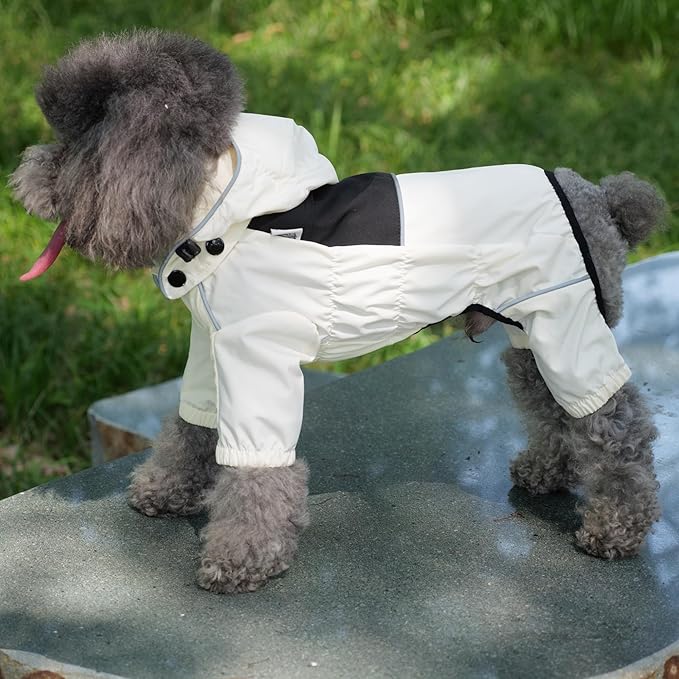 LOVELONGLONG Waterproof Dog Raincoat with Removable Hood – Outdoor Full Body Dog Jacket, Windproof Snowproof Shell Suit – All Season Pet Rain Gear Ivory L