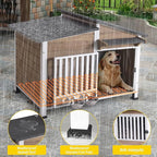 Chew-Resistant Dog House with Metal Frame, Wooden Kennel for Indoor & Outdoor Use, Waterproof Roof & Feeding Bowls Included (Brown, L-in)