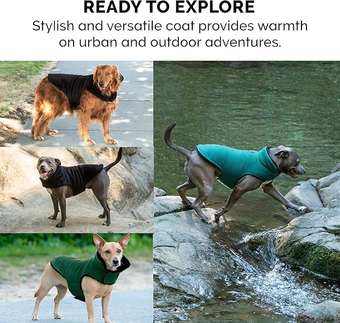 Furhaven Reversible Small Dog Coat, Washable & Insulating w/ Leash Access - Faux Fur & Quilted Fleece Flex-Fit Jacket - Black/Green, Small