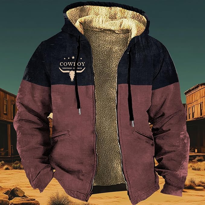 Men's Western Aztec Jackets Hooded Cowboy Hoodie Warm Full Zip Ethnic Vintage Long Sleeve Coat Fall Winter Tops