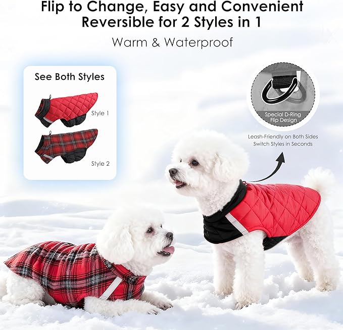 Quilted Dog Winter Coat, Plaid Lined Reversible Vest, Reflective Safety Strip, Cold Weather Pet Apparel Red XS