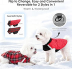 Quilted Dog Winter Coat, Plaid Lined Reversible Vest, Reflective Safety Strip, Cold Weather Pet Apparel Red M