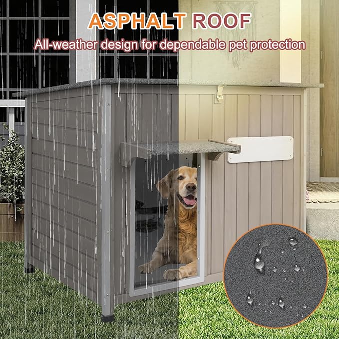 Outdoor Dog House Weatherproof, Wooden Puppy Shelter with Anti-Chewing Iron Frame and Elevated Floor, Sturdy Dog Kennel for Small, Medium & Large Dogs (Gray, 40" L x 26" W x 31" H)