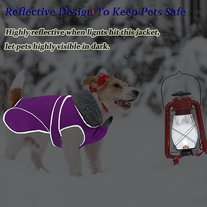Dogcheer Dog Coat, Waterproof Dog Jacket Reflective Pet Winter Coat with Adjustable Hook & Loop, Christmas Puppy Fleece Jacket Warm Turtleneck Snowsuit for Small Medium Large Dogs - Purple, S