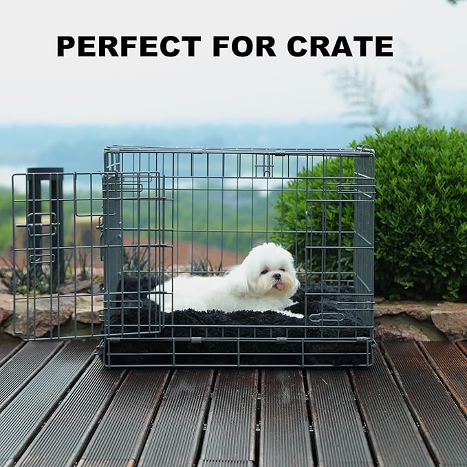 Bedfolks Waterproof Dog Crate Pad, Plush Dog Kennel Bed with Removable Cover, Faux Fur, Washable, 23"x18", Black