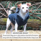 DJANGO Reversible Puffer Dog Coat – Warm Winter Dog Jacket & Water-Repellent Insulated Dog Coat w/Harness Hole, Windproof, Adjustable Fit for Small & Medium Dogs, Dachshunds – Twilight Blue, Medium