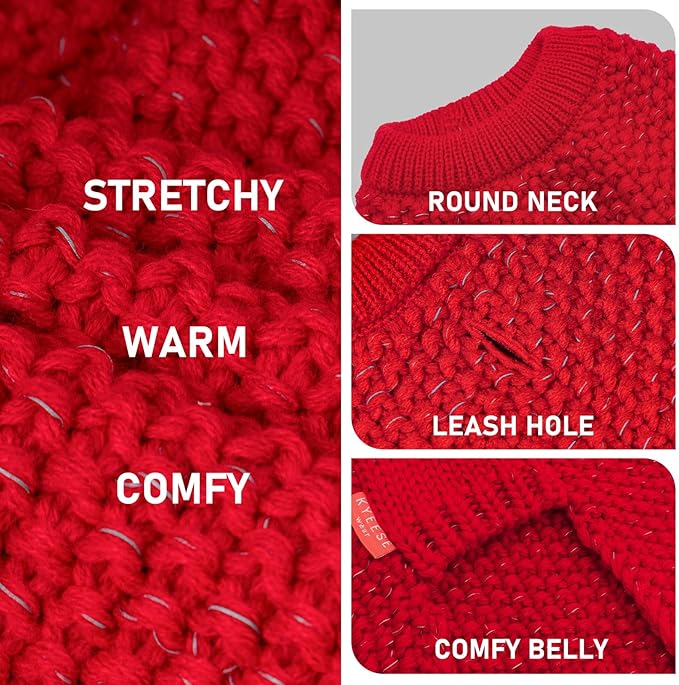 KYEESE Dog Christmas Sweater for Large Dogs with Leash Hole Warm Pullover with Reflective Yarn Male Thick Stretchy Knitwear Winter Soft Pet Coat boy Cold Weather Comfy Dog Sweaters,Red,XXX-Large