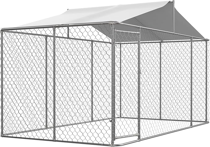 Outdoor Dog Enclosure,Heavy Duty Dog Kennel House Mesh Outside,Galvanized Chain Link Dog Run with Roof,Dog Cage Large Dogs,Dog Pen,Pet Kennel W/Waterproof Anti-UV Cover&Secure Lock for Large Dog