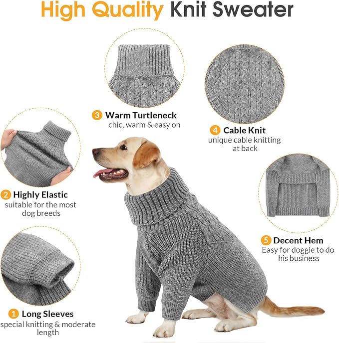 Queenmore XXL Dog Sweaters for Large Breeds, Large Dog Christmas Sweater, Soft & Warm Turtleneck Knitwear Pullover for Male/Female Pets, Winter Doggy Coat for Doberman/Pitbull/Great Dane - Grey, XXL