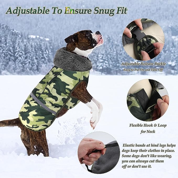 Dogcheer Warm Dog Coat, Waterproof Dog Jacket Reflective Adjustable Puppy Winter Coat with Buckle, Christmas Pet Snow Jacket Turtleneck Fleece Sweater for Small Medium Large Dogs- Camo Green, 2XL