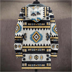 Mens Aztec Print Hoodie Heavyweight Cotton Fleece Jacket Zip Up Warm Long Sleeve Hooded Winter Midi Coat