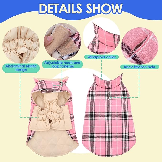 MIGOHI Reversible Dog Jacket, Windproof Waterproof Winter Coat for Cold Weather, British Style Plaid Warm Dog Vest, Pink, S