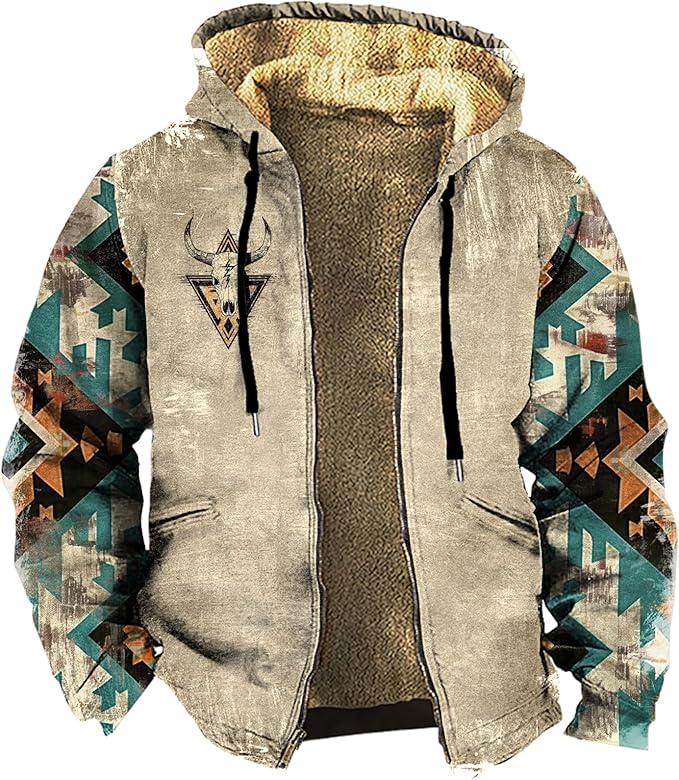 Men's Zip Up Jackets Western Style Ethnic Hoodie Hooded Vintage Long Sleeve Warm Coat Winter Outfits