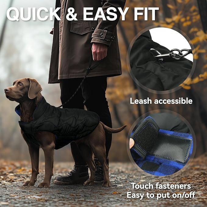 VIVAGLORY Softjoy Dog Coat, Dog Jacket for Winter & Christmas, Coat with Harness Hole & Velcro Closure, Reversible Plaid Checkered Warm Fluffy Heavy Duty for Puppy, XXS, Sapphire Blue Plaid