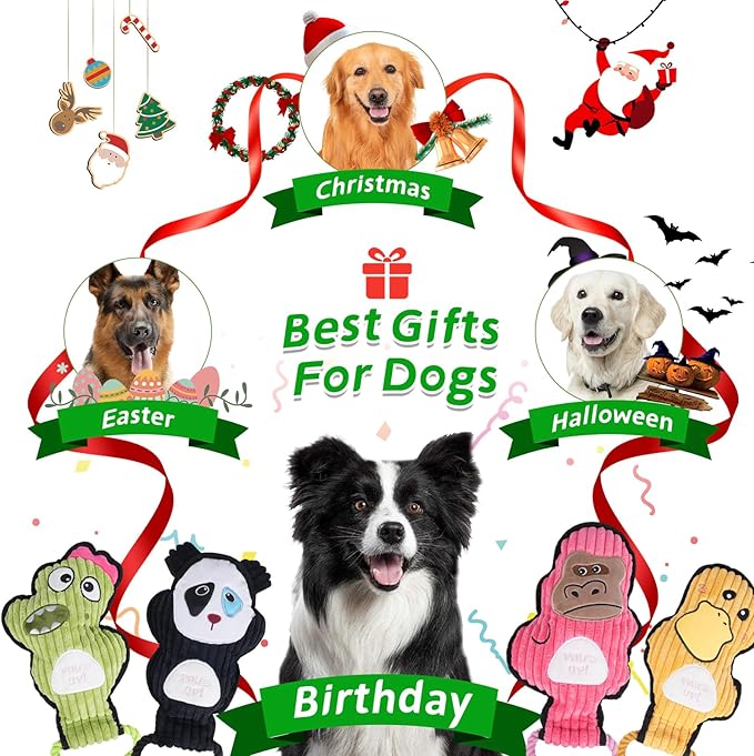 2-Pack Squeaky Dog Toys & Tough Tug of War Set - No Stuffing Chew-Resistant Plush Toys to Keep Them Busy, Best Birthday Gift for Small/Medium/Large Breeds (Panda & Dino)