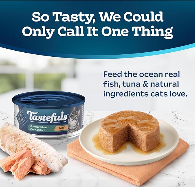 Blue Buffalo Tastefuls Wet Cat Food Paté, Made with Natural Ingredients, Ocean Fish and Tuna Entrée, 5.5-oz Cans (24 Count)