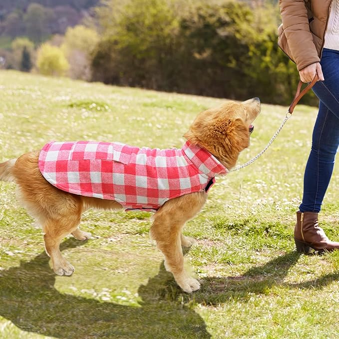 Malier Classic Plaid Fleece Dog Coat Jacket with Pocket, Windproof Warm Vest Winter Pet Clothes Apparel for Small Medium Large Dogs (Pink, XXX-Large)
