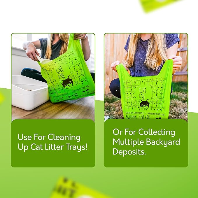Certified Home Compostable Cat Litter Bags For Poop - 10% to Charity - Cornstarch-Based - For Cleaning Up Litter Trays - NF T51-800 Compliant - 90 Extra Large Disposable Bags