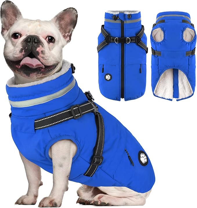 Dogcheer Dog Coat, Waterproof Dog Winter Jacket with Harness, Reflective Adjustable Doggy Cold Weather Coats, Christmas Pet Fleece Snowsuit for Small Medium Large Dogs - Blue, S