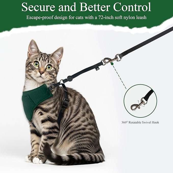 A1HC Escape Proof Cat Harness and Leash - Soft Adjustable Vest, Comfortable Mesh and Long Strips with Air Tag Pocket, Easy Control, Safe Walking Harness for Cats & Kittens - Dark Green (Large)
