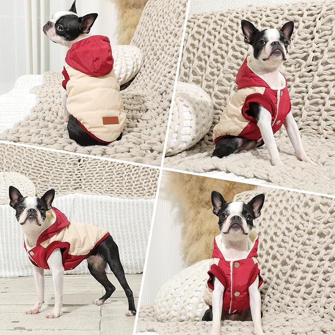 Fleece Lining Extra Warm Dog Hoodie in Winter,Small Dog Jacket Puppy Coats with Hooded,Beige and Red XS