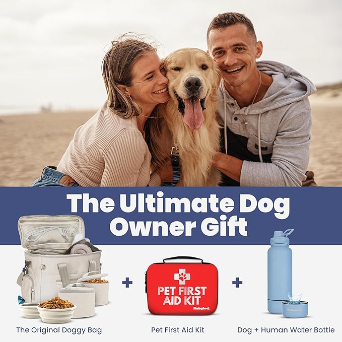 The Original Doggy Bag™ - Complete Dog Travel Bowl Bag for Supplies with 2 BPA-Free Travel Dog Bowls & 2 Food Containers - Traveling Kit for Road Trips, Camping, Weekend Away or Doggy Gift - Beige
