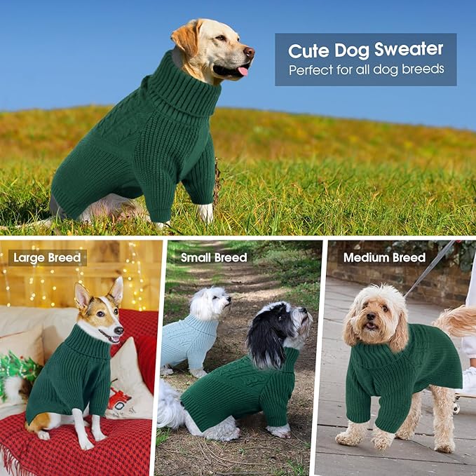 Queenmore Large Dog Sweater for Girl or Boy, Christmas Knitwear, Winter Puppy Sweatshirt, Pet Chunky Warm Coat for Small Medium Dogs, Green L