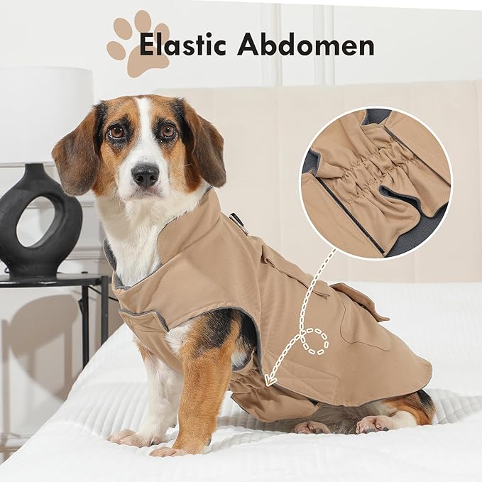 Workwear Style Dog Coats with Harness Built in for Small Dogs Windproof Warm Puppy Jacket with Storage Pockets for Cold Winter,LightBeige XXL