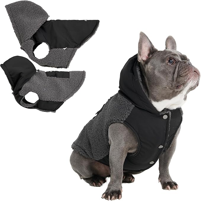 Spark Paws Reversible Dog Sweater, Sherpa Vest with Warm Fleece Lining, Warm Coat for Winter, Suitable for Small Medium, Large, XL XXL Dogs - Black and Grey - L