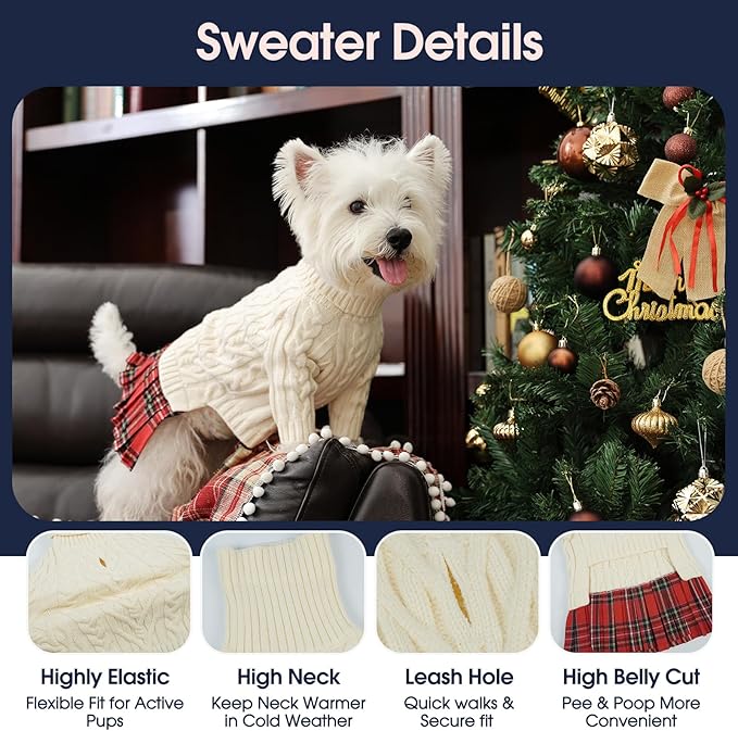 IECOii Girl Dog Sweater Dress, Great Dane Sweaters for Girl Dogs, Beige,5XL, Extra Large Dog Sweater for Female Dogs Pet Winter Dress for Giant Breeds - Xmas Turtleneck Knitwear for Cold Weather