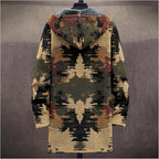 Mens Aztec Print Hoodie Heavyweight Cotton Fleece Jacket Zip Up Warm Long Sleeve Hooded Winter Midi Coat